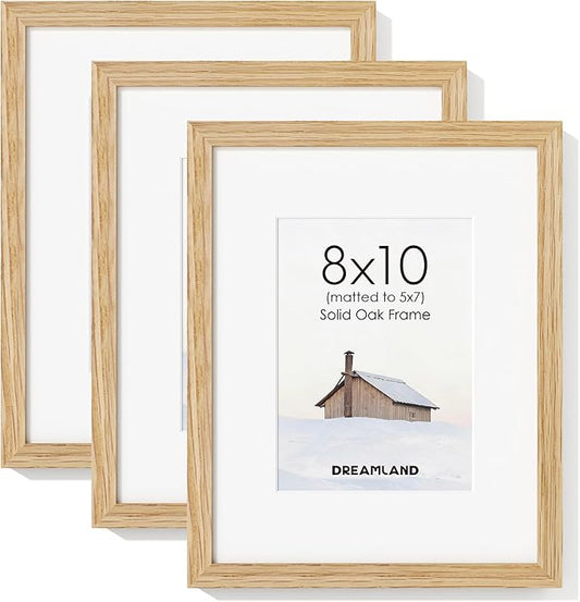 Dreamland 8x10 Picture Frame Set of 3, Solid Oak Wood Photo Frame with Mat for 5x7, 8 x 10 Matted Picture Frames with Resistant Plexiglass for Wall Mounting or Tabletop, Oak Color