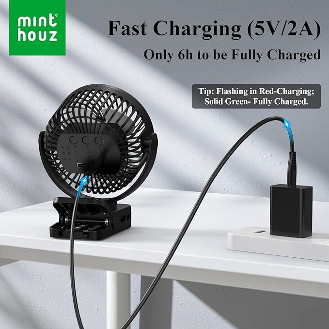 Minthouz Clip on Fan, 12000mAh Desk Fans, 360° Rotation Rechargeable Portable Fan with 45hrs Runtime - Quiet 3 Speeds, Wireless Remote, Timer, Input/Output Ports - Lightweight for Travel & Office