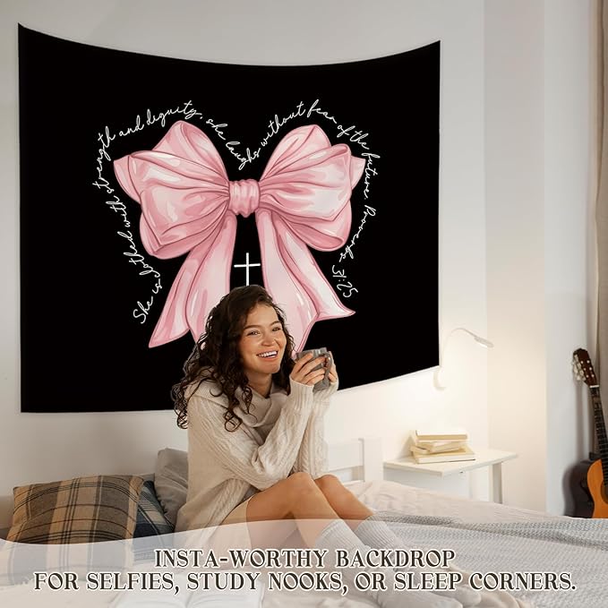 STHTTSW Coquette Pink Bow Christian Tapestry, Cute Tapestries Wall Blanket, Girly Religious Wall Hanging Decor for Girls Women College Dorm Apartment Bedroom Church, 50x60 Inch