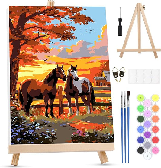 MXJSUA Two Horses Framed Paint by Numbers for Adults Beginners, Easy Adults' Paint-by-Number Kits on Canvas with Easel, Animal Acrylic Number Painting Crafts Kits Gifts for Home Decor, 8x12inch