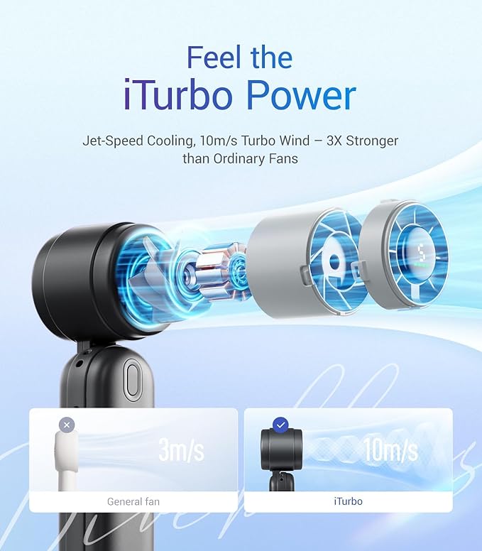 Diveblues iTurbo Portable Handheld Turbo Fan, 5 Gear High Speeds, Foldable Rechargeable Mini Hand Fans, Led Display,Powerful Turbo Airflow, 12-Hrs Cooling Small Fan Travel Essentials Beach Women Gifts