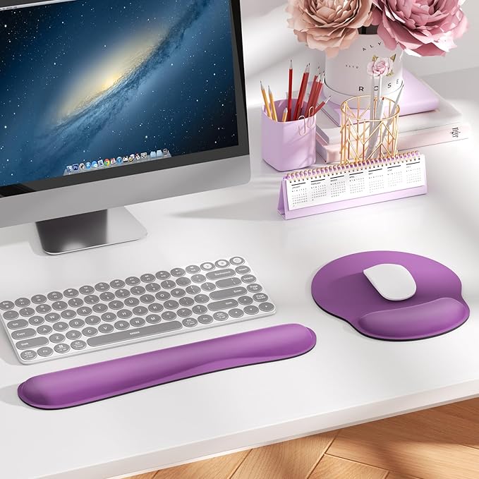 KTRIO Ergonomic Keyboard Wrist Rest, Memory Foam Mouse Pad with Wrist Rest for Computer Keyboard, Mouse Pad Set for Easy Typing & Pain Relief for Office & Home, Violet Purple