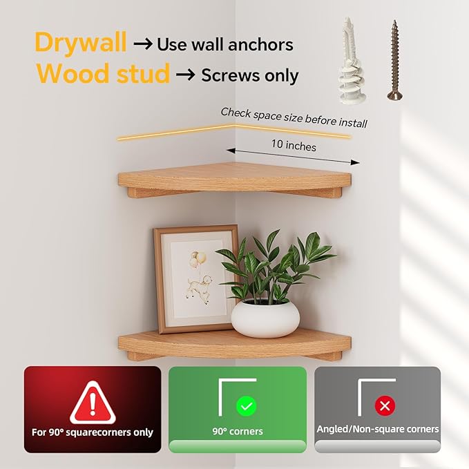 Floating Corner Shelves Oak 10", Solid Oak Wall Mounted Wooden Display Storage Rack with Wire Hole for Plants, Photos, Speakers, Bedroom, Kitchen, Living Room Décor - 2-Pack
