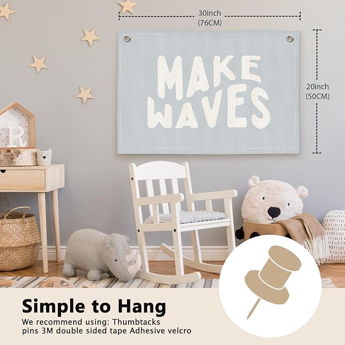 Coastal Beach Kids Room Decor - Linen Banner Wall Hanging Canvas Banner Flag Decor for Kids Toddler Bedroom Nursery Playroom