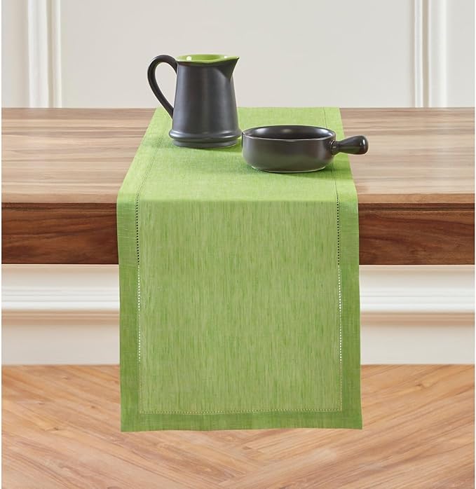 Solino Home Linen Table Runner 60 Inches - 100% Pure Linen Chambray Lime Green Hemstitch Table Runner 14 x 60 Inch Ideal for Dresser and Coffee Tables, Spring, St Patricks Day, Easter - Milan