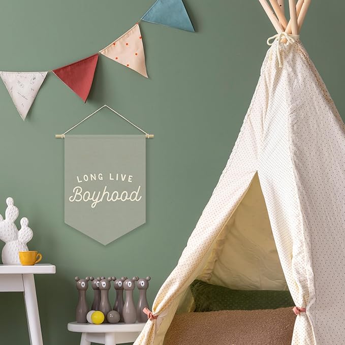 Blue Boy Room Decor,Long Live Boyhood Canvas Banner Nursery Playroom Wall Decor for Boys Bedroom Toddler Decorations Teen Boy Room Decor,Playroom Decor Wall Hanging Flag 15x11 Inch（Haze Blue)