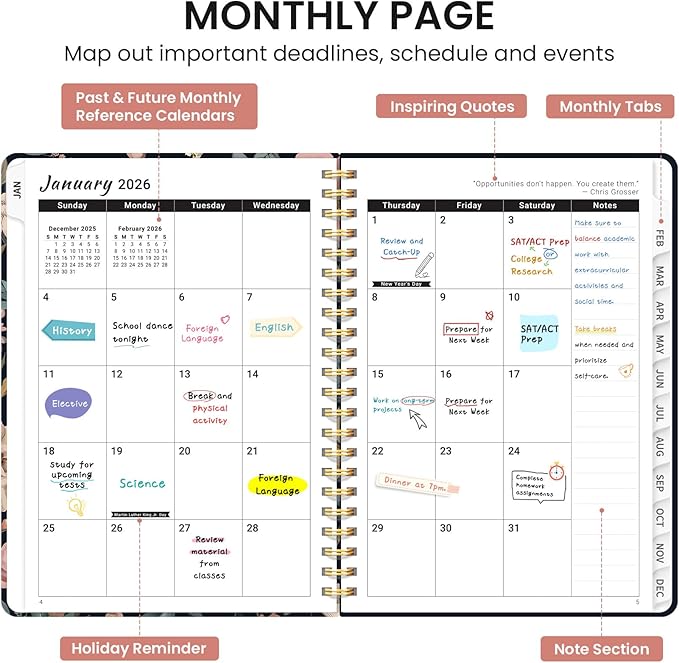 2026 Planner, Monthly and Weekly Calendar Planner for Women, Jan 2026 - Dec 2026, Hardcover Pretty 2026 Agenda Planner Book with Tabs, Spiral Bound, Perfect for School Office Home Supplies, 6.3" x 8.5" - Evening Petals