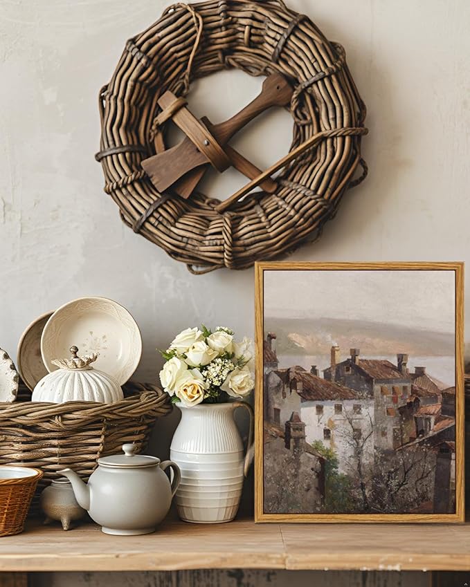 VIYYIEA Vintage Framed Canvas Wall Art, European Towns Landscapes Art, Living Room Hallway Bedroom Library Rustic Retro Neutral Decor, Antique Country Town Picture Paintings,12x16 Inch