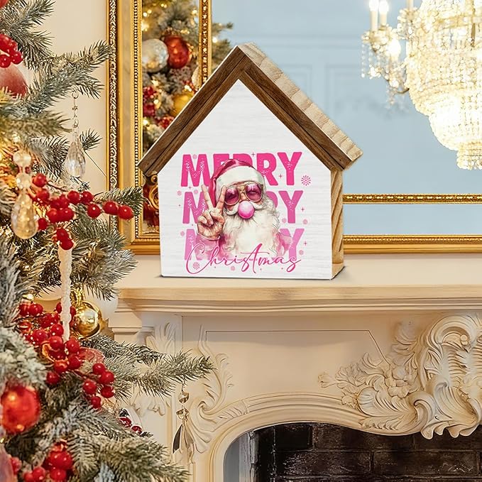 Pink Santa Christmas Decor, Funny Santa Blowing Bubble With Sunglasses House Shaped Wood Sign, Merry Christmas Home Decorations