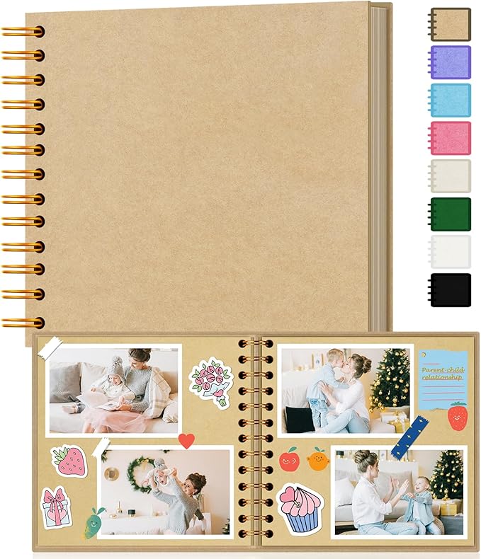 EJBLFE DIY Scrapbook Album, Hardcover Kraft 8x8 inch 40 Pages Scrap Book Photo Album with Metallic Pen for Family Memory Book, Wedding Anniversary, Tickets Etc