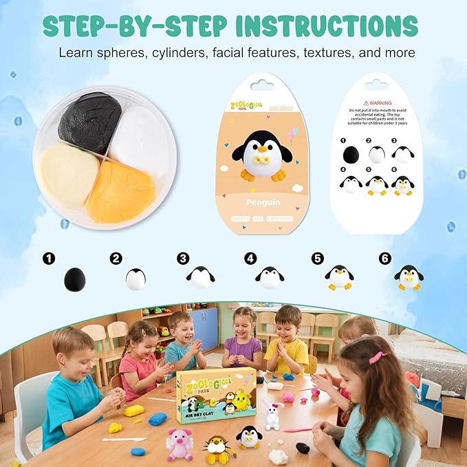Air Dry Clay Kits for Kids-Modeling Magic Clay,16 Animals DIY Molding Clay Art Crafts Set,Ultra Light & Soft, Safe & Non-Stick with Sculpting Tools & Tutorials, Unique Gifts for Boys & Girls (Animal)