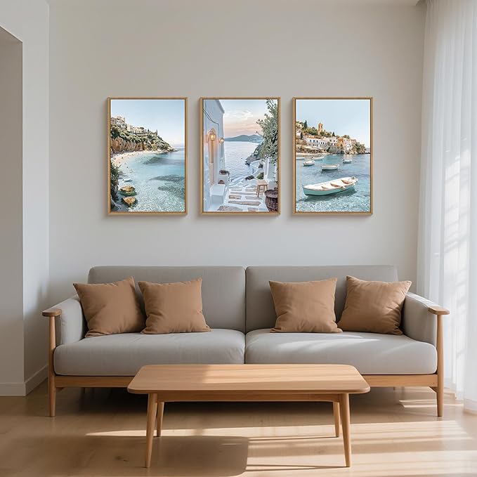 Natural Coastal Ocean Framed Canvas Wall Art Set,Modern Whitewashed Architecture Scenery Wall Decor, Mediterranean Beach Boat Landscape Artwork for Living Room, Bedroom,Farmhouse- 24"x36"x3