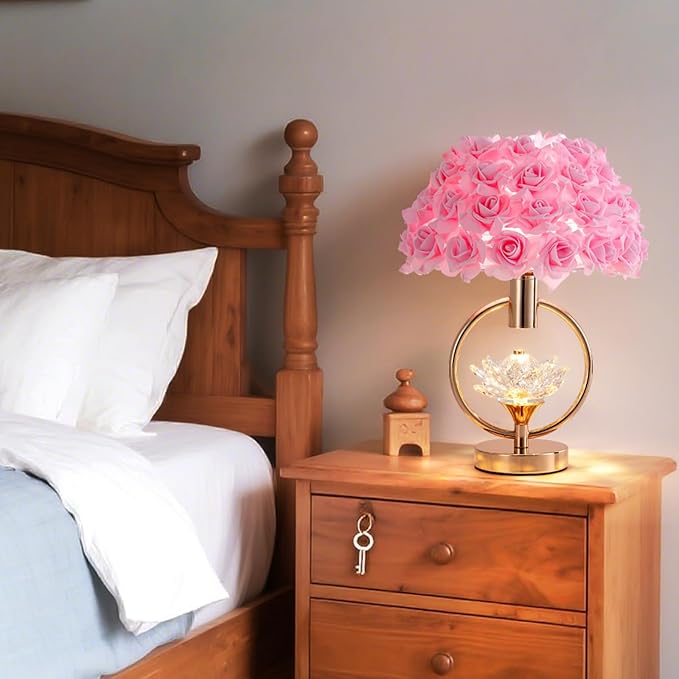 Modern Pink Rose Table Lamp with Crystal 17IN Romantic Flower Bedside Lamp Princess Nightstand Lamp Creative Desk Light for Girl Bedroom Living Room Entry Hotel Wedding Christmas Gift