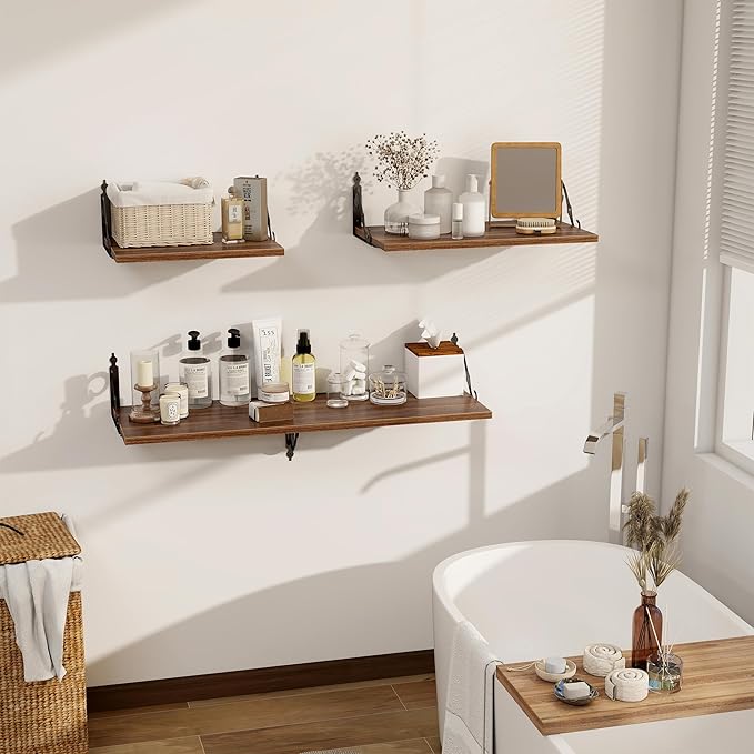 Dreamland Deep Floating Shelves, 24" W x 12" D Wall Shelves Set of 2, Wide Display Shelf Wall Mounted with Brackets, Bookshelf for Living Room, Bathroom, Bedroom, Walnut