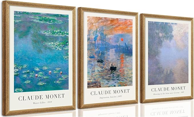 SYWENNOI 3 Pieces Wood Frames Vintage Canvas Wall Art, Claude Monet Impressionism Art Wall Decor, Minimalist Classic Botanical Designs Painting Prints for Living Room Bedroom Offices 16x24 Inch