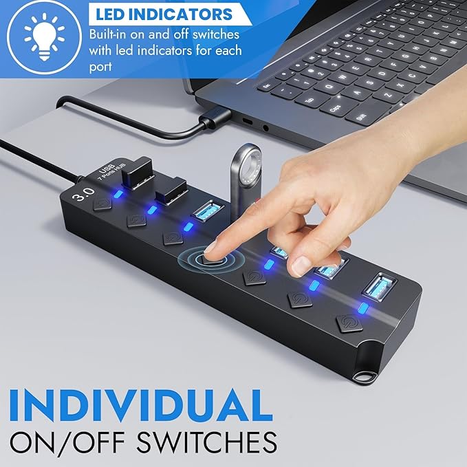 7-Port USB Hub 3.0 with 3.2ft Long Cable – Multi USB Port Hub Splitter with Individual On/Off Switches and Lights – High-Speed USB Multiport Adapter for Laptop, MacBook, Desktop, PC, Mac, PS5