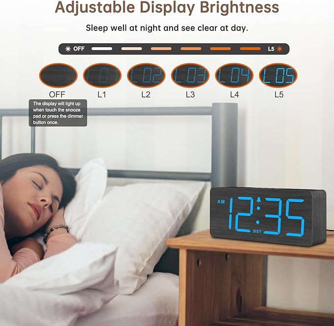 DreamSky Wooden Digital Alarm Clock for Bedroom - Desk Clocks for Living Room with Large Numbers, Dimmer, Loud Alarm for Heavy Sleepers with Volume Control, DST, Office Wood Decor (Plug in Clock)