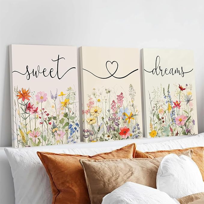 tgguytiy Framed Bedroom Canvas Wall Art Set of 3 Farmhouse Sweet Dreams Colorful Wildflowers Pictures Prints Wall Decor for Above Bed Wall Decor Bedroom Decor 12x16in