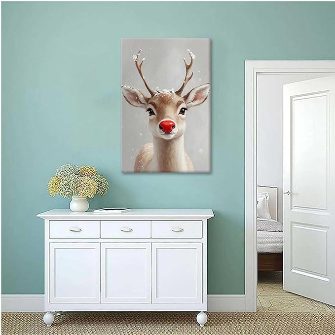 Canvas Wall Art Red Nosed Reindeer Christmas Farmhouse Mantle Canvas Wall Art Print Farmhouse Christmas Poster 12x18in-UnFramed