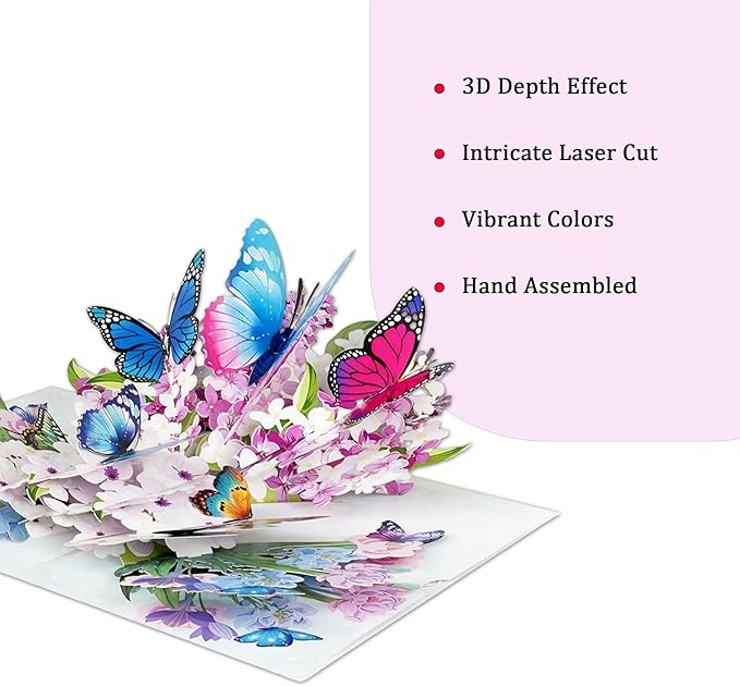 Butterflies with Flowers 3D Pop-Up Greeting Card Handmade Paper Floral Notecard, Pop Up Cards for Birthday, Thank You, Get Well, Anniversary, Valentine, Christmas, Gifts for Women, Mom, Wife