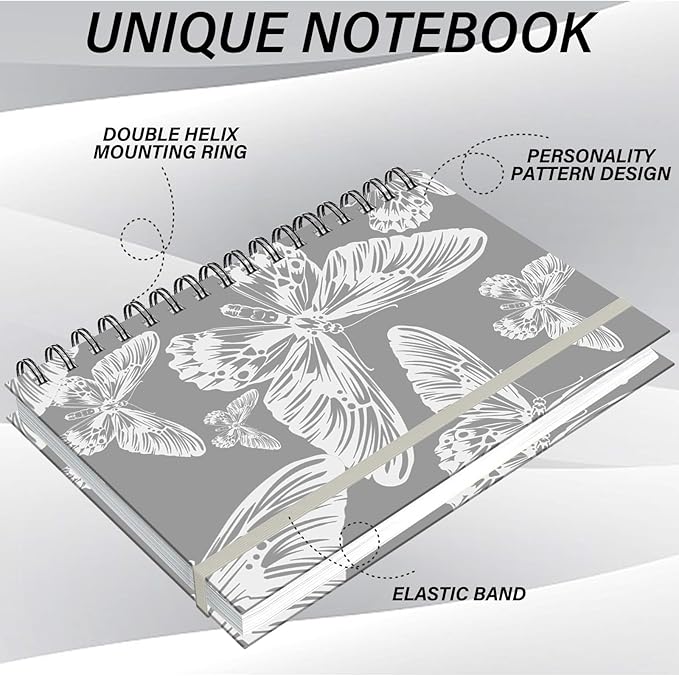 Spiral Notebook,Hardcover Journal Wide Ruled Spiral Notebook,A5 5.5 x 8.3 Inch,80GSM Thick Paper 60 Sheets 120 Pages for Girls Women School Office Aesthetic Cute-Gray White Butterfly