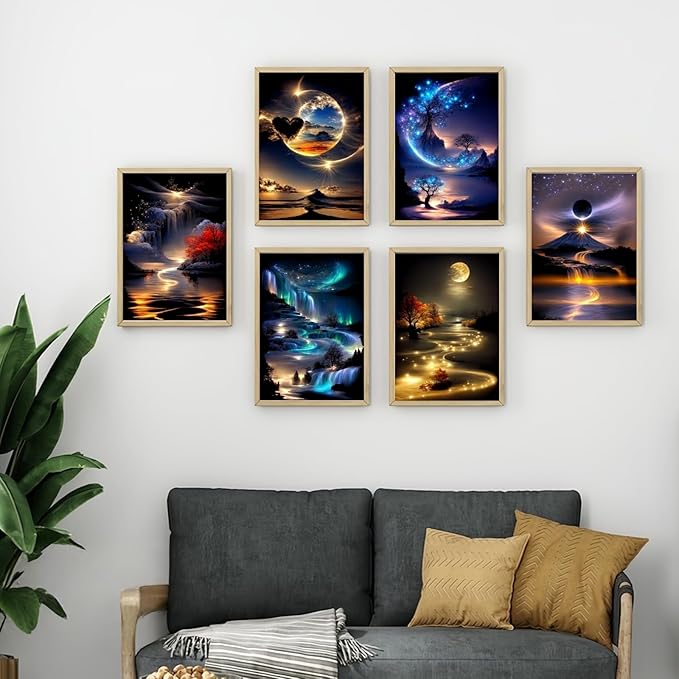 6 Pack Diamond Art Kits for Adults,Landscape 5D Diamond Painting for Adult Beginners, Moon DIY Full Drill Round Gem Painting Dot Art Sets,Home Wall Decor 9.8x13.8 Inch