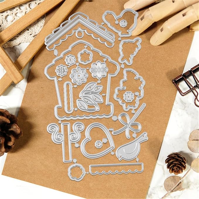 Birdhouse Flower Stamps and Cutting Dies for Card Making DIY Transparent Silicone Clear Stamp and Metal Die Cuts Sets for Scrapbooking Paper Greeting Cards Decor Seals Craft Supplies