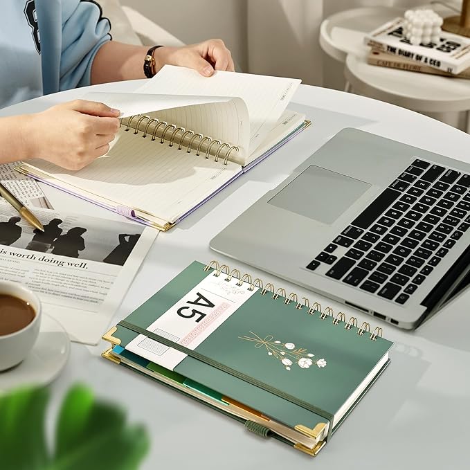 Hardcover Spiral Notebooks 6.1" X 8.4" Note Taking 5 Subject Notebook College Ruled with Dividers 240 Pages 100GSM Aesthetic Spiral Notebook for Work School Cute Journals for Women Writing, Green