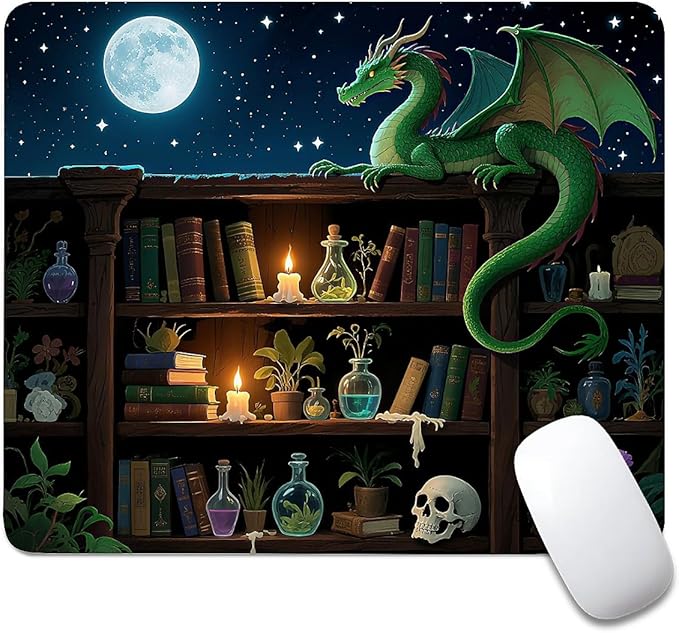 Square Mouse Pad Bookshelf Dragon, Personalized Premium-Textured Custom Mouse Mat Design, Washable Mousepad Cloth, Non-Slip Rubber Base Computer Mouse Pads for Wireless Mouse