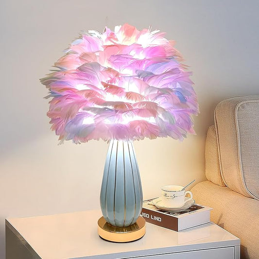 Colorful Feather Lamp Modern Furry Table Lamp Romantic Bedside Lamp Nordic Fluffy Princess Girl Nightstand Light for Bedroom Living Room Entry Office Wedding Decor Christmas Gift Prime
