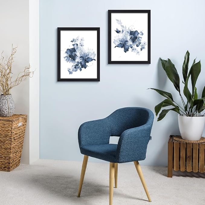JOWOROLO Framed Blue Flower Wall Art Modern Abstract Floral Painting Wall Decor Watercolor Flowers Poster on Canvas Prints 2 Panels Botanical Artwork for Bedroom Bathroom Living Room 12x16inch