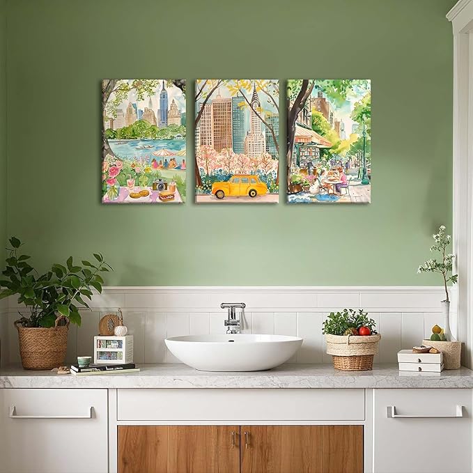 XLARTMY New York City Poster Travel Wall Art Canvas Framed Watercolor NYC Central Park Landmarks Artwork Decor Painting Prints Pictures Set of 3 for Bedroom Living Room Bathroom Office 16x24in