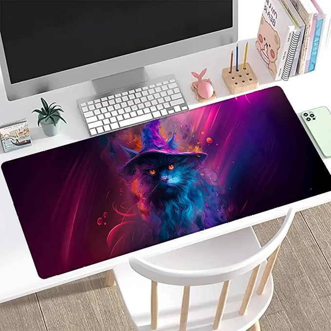 Witch Cat Gaming Mouse Pad, Office Desk Mat, Anti-Slip Rubber Base Cool Aesthetic Mouse Pads for Computer Laptop Keyboard School Home Desktop Gamer Home Accessories Decor 31.5" x 11.8"