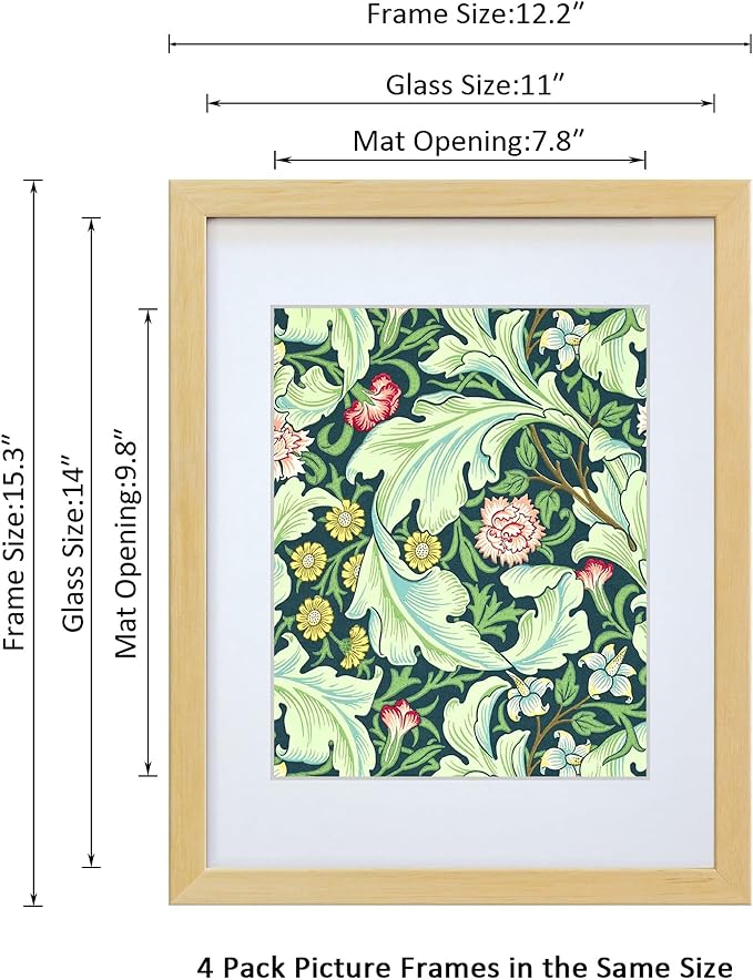 11x14 Picture Frame Made of Solid Wood Photo Frame with Real Glass for Pictures 8x10 with Mat or 11x14 Without Mat, Wall Mount or Tabletop Gallery Photo Frames,Natural,4 Pack