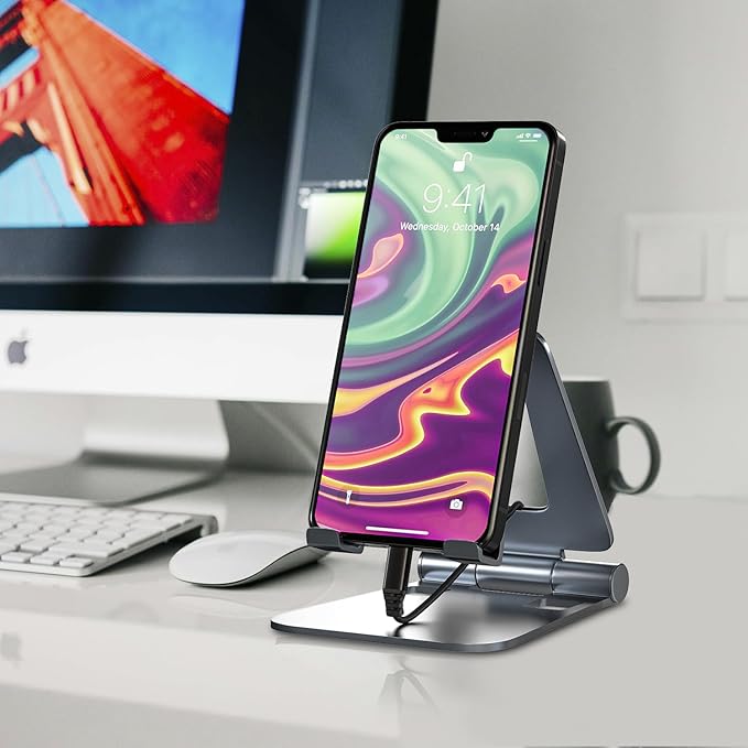 Cell Phone Stand for Desk Phone Holder Foldable Portable Adjustable Cradle Dock Compatible with iPhone 15 14 13 Pro Max, iPhone 12 11 Plus SE XS XR 8 7, Office Desk Travel Accessories, Gray