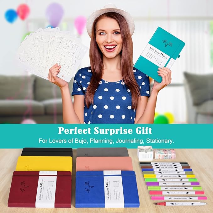 Bullet Dotted Journal Kit, 140gsm Hardcover A5 Dotted Journal with 188 Numbered Pages and 3 Index, 12 Brush Pens Dual Tip, 10 Stencils and 14 Washi Tape for Women Men Teen Girls, Teal