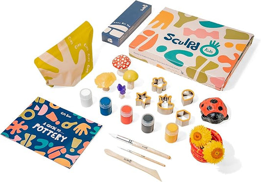 Sculpd - The Original Kids Pottery Kit, Air-Dry Clay Starter Kit for Kids Age 4 to 6, Air Dry Clay with 5 Colour Paint Set, Paintbrushes, Pottery Tools, Sponge and Step-by-Step Guide