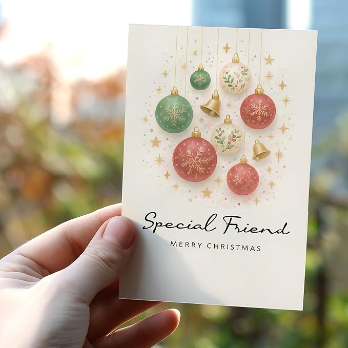 (5.3x8in) Special Friend Merry Christmas Card, Elegant Holiday Greeting with Red and Green Baubles, Gold Bells Stars, Festive Friendship Card for Best Friend, Female or Coworker (Xmas 47)
