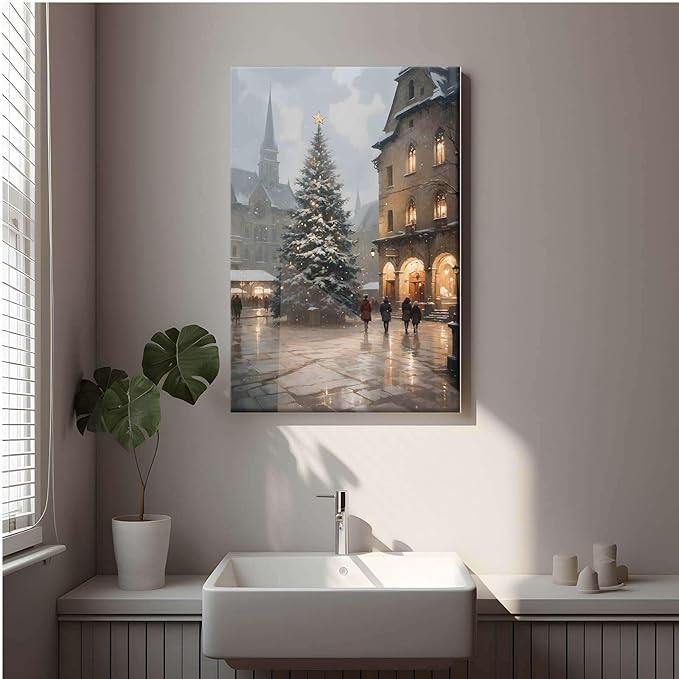 Canvas Wall Art Vintage Christmas Tree Print Moody Winter Wall Art Farmhouse Christmas Decor 16x24in-UnFramed