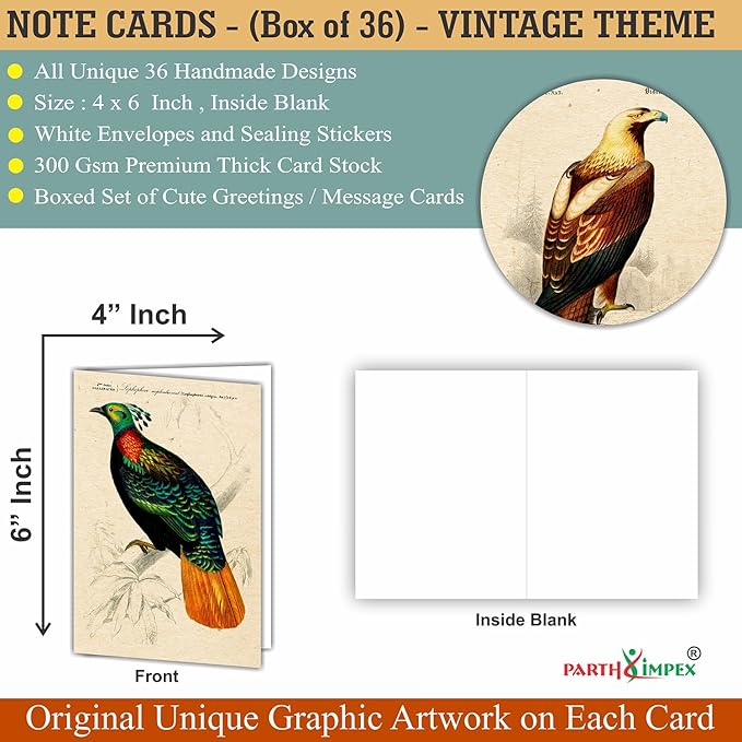 PARTH iMPEX 36 Blank Vintage Note Cards with Envelopes and Stickers – 4x6 Botanical Greeting Cards Bulk – Floral Birds Leaves Animal Retro All Occasion Thank You Cards for Personal Business Use