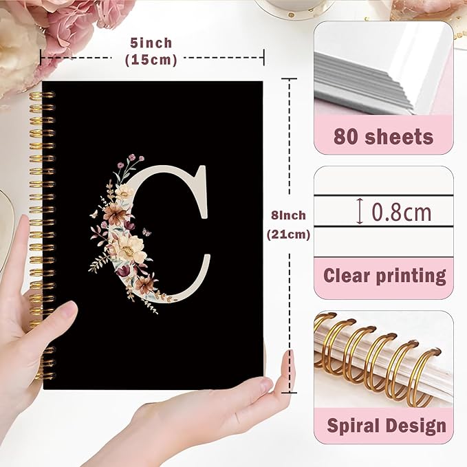 Lacama Campus Initial Letter C Notebook Journal, Cute Wildflower Personalized Black Spiral Notebook, School Supplies, Customized Monogrammed Gifts, Birthday Gifts for Women, Office Supplies