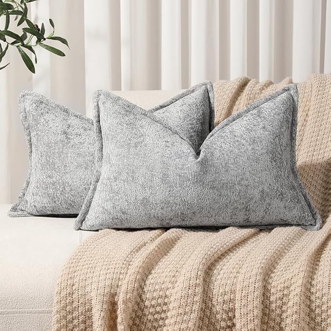 Pack of 2 Light Gray Decorative Throw Pillow Covers 12x20 Cozy Soft Chenille Accent Vintage Rectangular Lumbar Couch Pillow Covers for Home Decor Bed Sofa Living Room