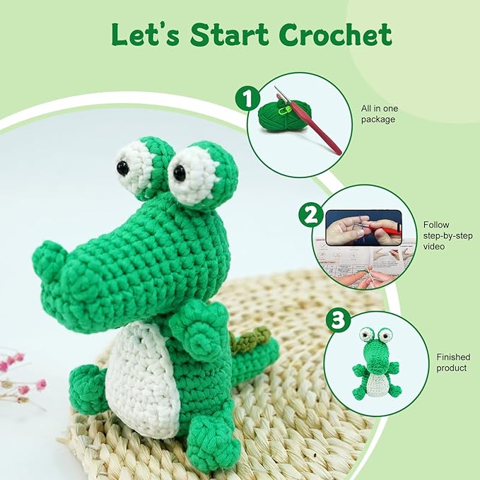minimal beee Crocodile Crochet Kit for Beginners, Animals Easy-Peasy Yarn with Complete Starter Supplies, DIY Gift for Adults Crafts, Includes Video Tutorials & Patterns