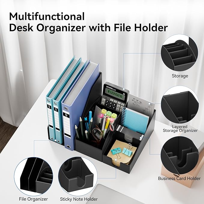 Magnetic Desk Organizer Set - Multifunctional PU Leather Desktop Storage with File Holder, 5-Tier Storage Box, Card and Sticky Note Slots, Office Supplies Accessories for Desk & Workspace
