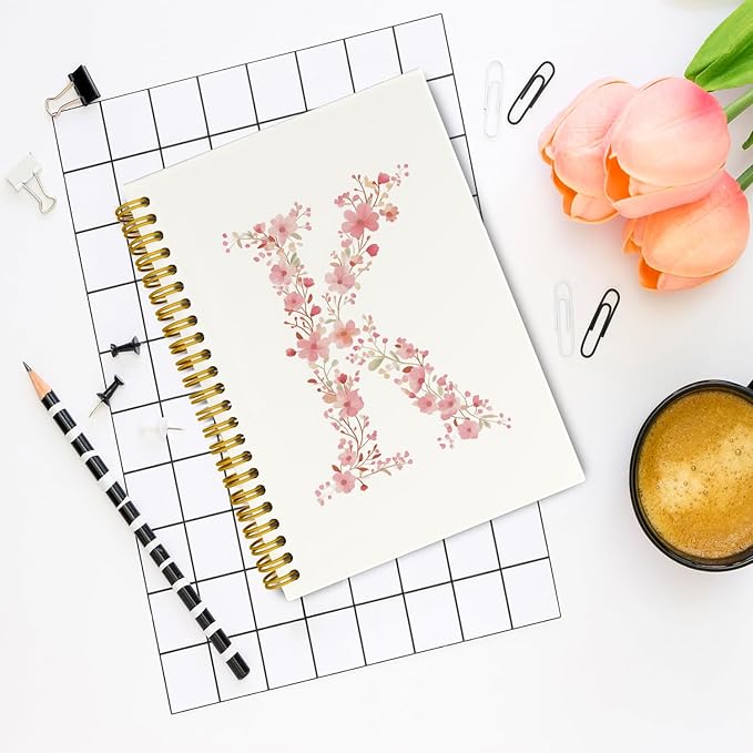 Pink Cute Spiral Notebook Journal, Preppy Floral Initial Letter K Personalized Journaling Notebooks, Monogrammed Gifts for Women Girls, Botanical Hardcover Spiral Lined Notebook 5.5 x 8.3