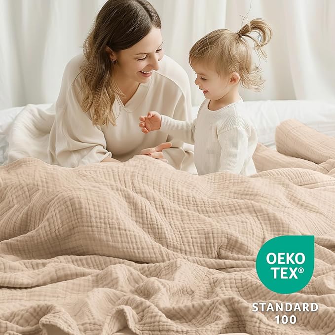 100% Cotton Muslin Blanket Queen 90" x 90", 6 Layers Breathable and Lightweight Cotton Throw Blanket for Bed, Soft Quilt Bedspread Coverlet, Gauze Blanket for Adults All Season, Beige Linen, Oatmeal