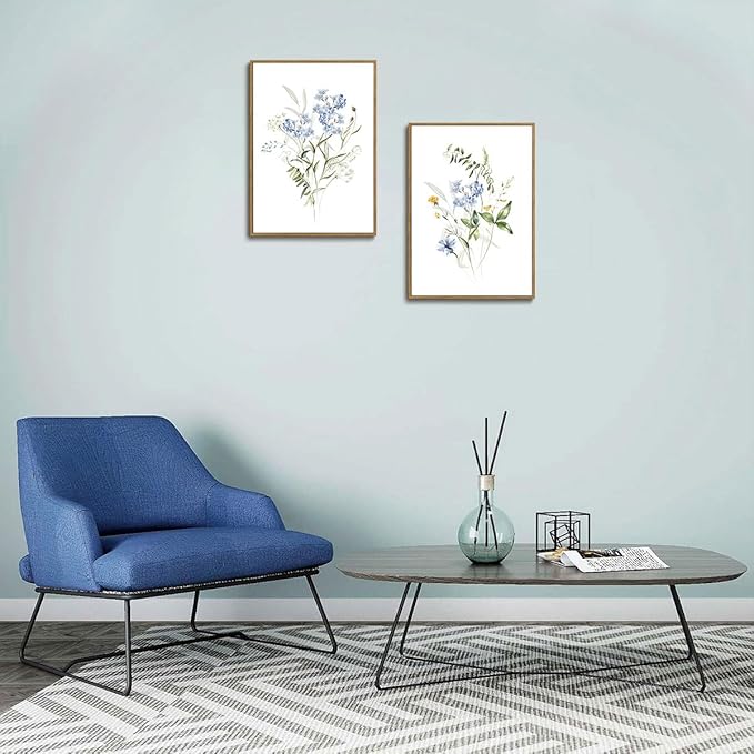 YOYIAXT 2 Pieces Watercolor Botanical Canvas Wall Art For Bedroom Blue Floral Framed Wall Art Minimalist Neutral Flower Art Prints Artwork For Living Room Office, 16x24 in