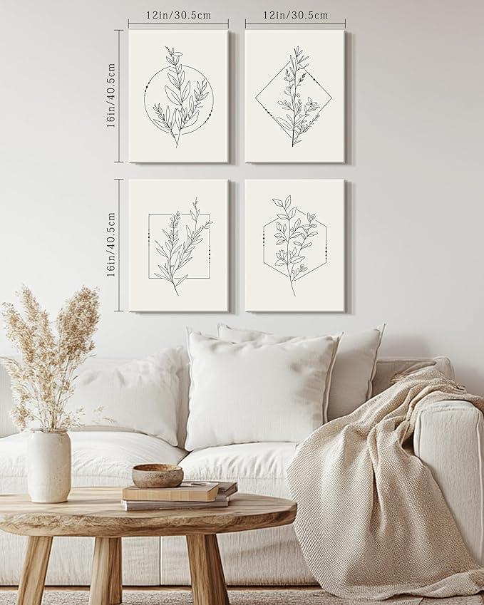 Drsoum Botanical Flower Boho Framed Wall Art Wooded Minimalist Aesthetic Floral Prints Farmhouse Retro Plants Rustic Bathroom Kitchen Home Decor Ready to Hang 12x16inx4pcs (Framed)