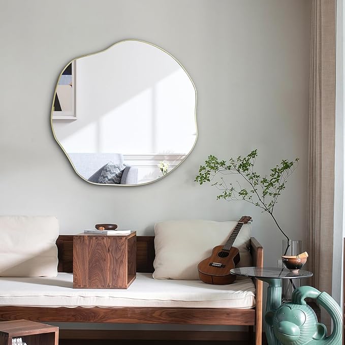 POZINO Irregular Wall Mirror, 35" Large Asymmetrical Mirrors, Gold Scalloped Rounded Mirror, Modern Frameless Abstract Circle Mirrors for Living Room Bedroom Bathroom Entryway Hallway Fireplace