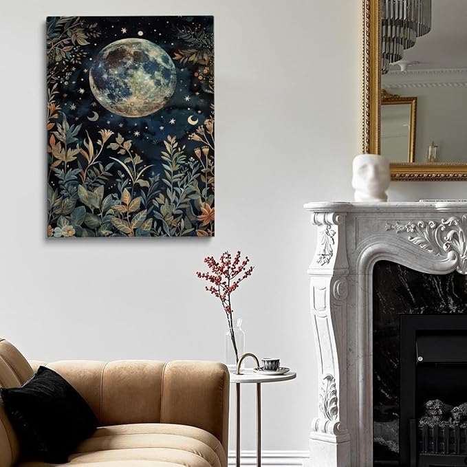Dark Academic Moon Eclipse Wall Art William Poster Morris Botanical Print Gothic Room Decor Goth Moon and Stars Painting Canvas Vintage Cottagecore Decor for Bedroom Dorm 12x16in Unframed poster